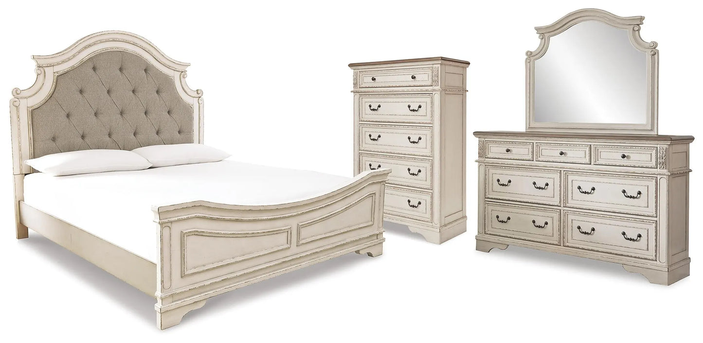 Cama tapizada Realyn King con cabecero, cómoda, espejo y baúl
