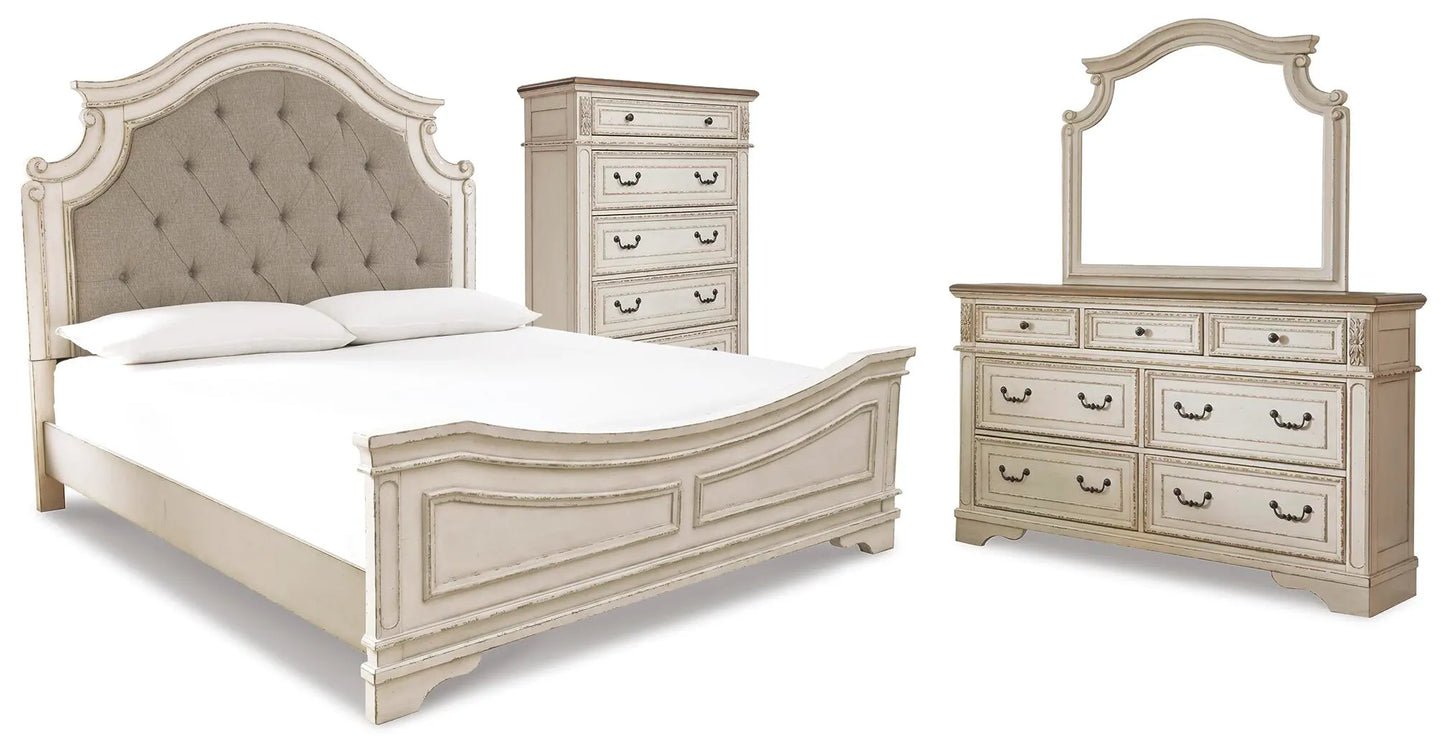 Cama panel Queen, tocador, espejo y cómoda Realyn