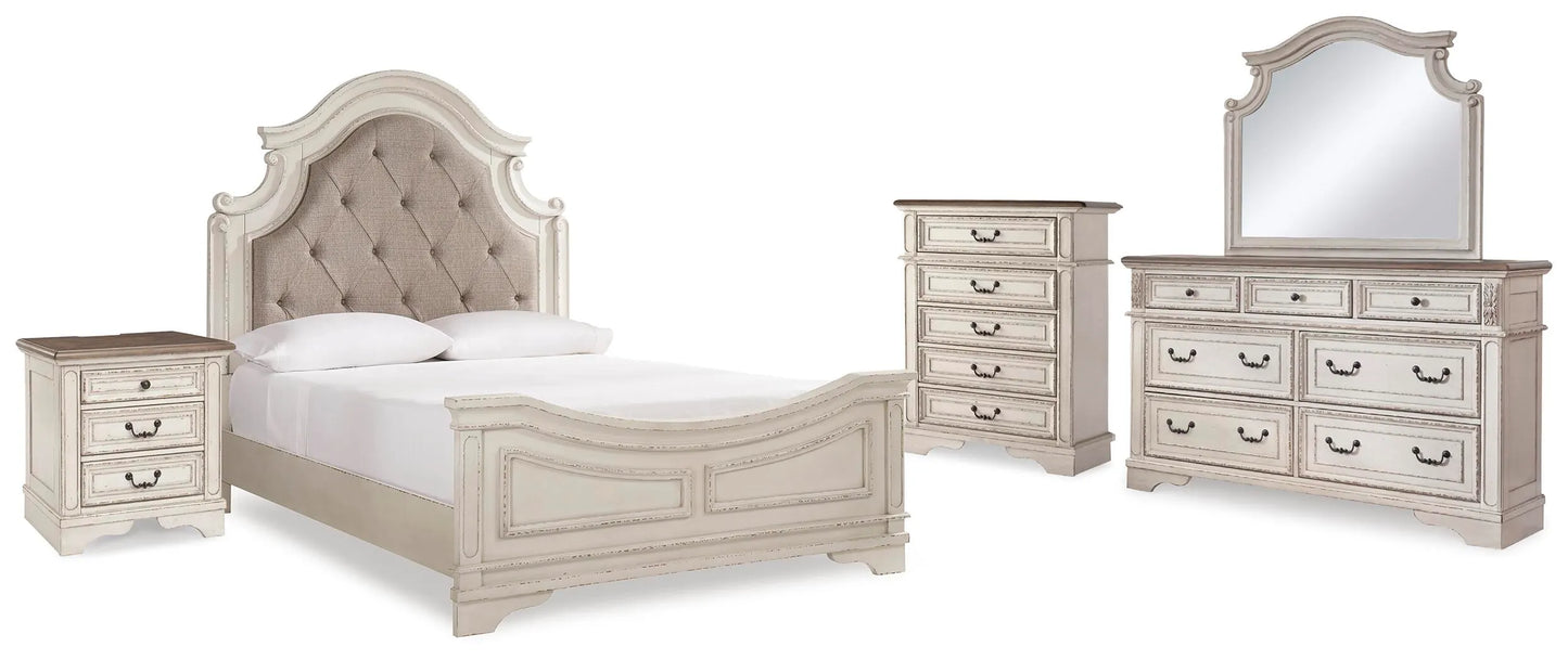 Cama de panel tapizado Queen Realyn, cómoda, espejo, chiffonier y mesita de noche