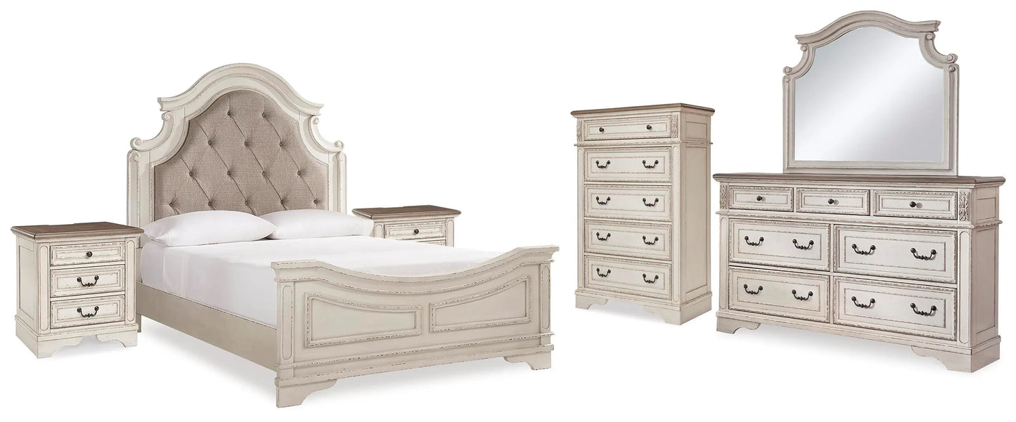 Cama tapizada con paneles Queen Realyn, cómoda, espejo, baúl y 2 mesitas de noche