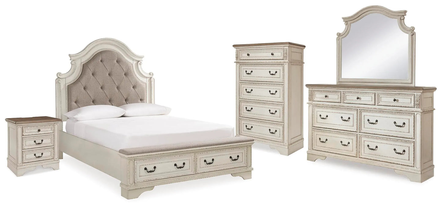 Cama tapizada tamaño Queen Realyn, cómoda, espejo, cajonera y mesita de noche
