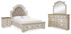 Cama Realyn Queen tapizada, cómoda, espejo y mesita de noche