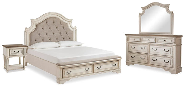 Cama de matrimonio grande Realyn, cómoda, espejo y mesita de noche