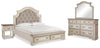 Cama de matrimonio grande Realyn, cómoda, espejo y mesita de noche