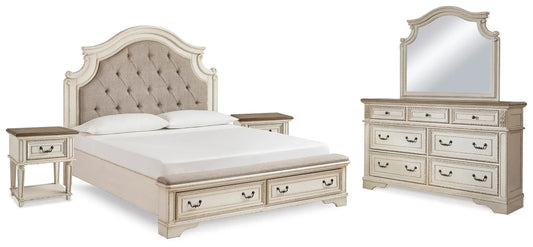Cama king size, cómoda, espejo y 2 mesitas de noche Realyn