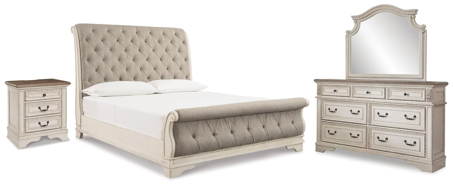 Cama trineo, tocador con espejo y mesita de noche Realyn King