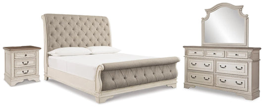 Cama trineo, tocador con espejo y mesita de noche Realyn King