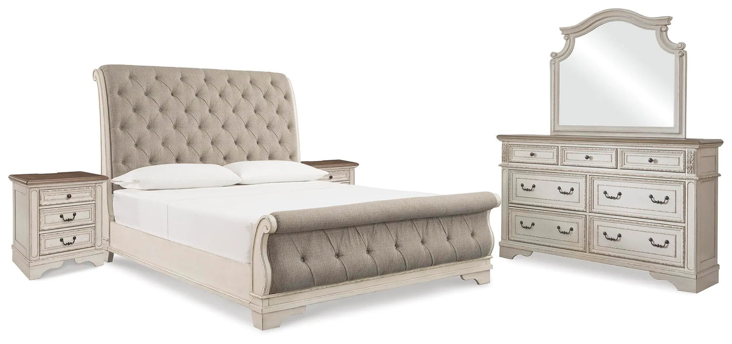 Cama trineo tapizada King, tocador, espejo y 2 mesitas de noche Realyn