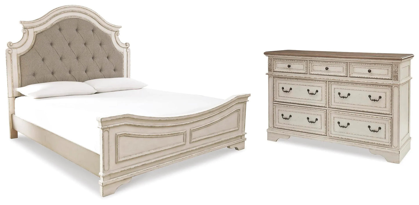 Cama con cabecera tapizada y tocador Realyn King