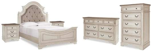 Cama Queen con paneles, cómoda, armario y 2 mesitas de noche Realyn