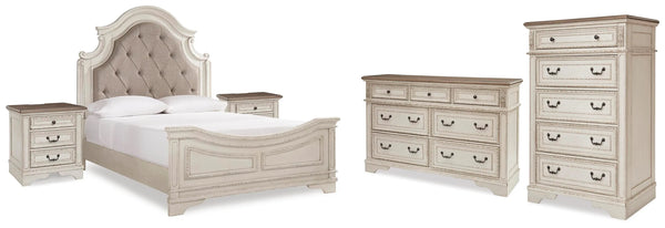 Cama Queen con paneles, cómoda, armario y 2 mesitas de noche Realyn