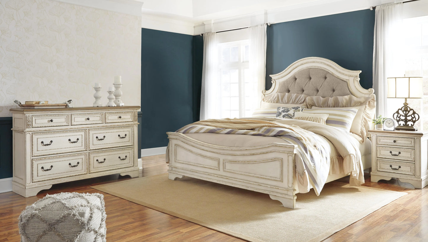 Cama con cabecera tapizada y tocador Realyn King