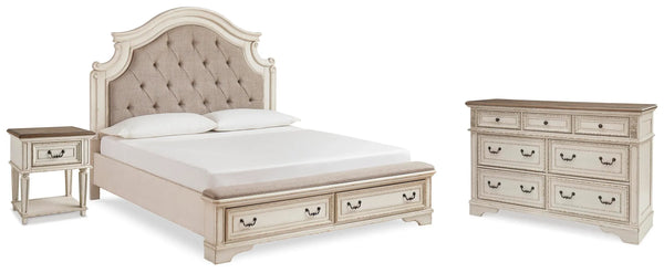 Cama Realyn King con tocador y mesita de noche