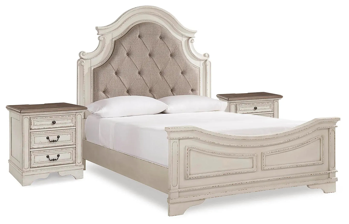 Cama tapizada con panel Realyn Queen y 2 mesitas de noche