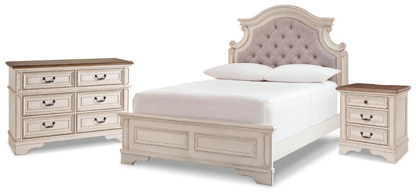 Cama de panel completo, cómoda y mesita de noche Realyn