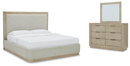 Hennington Queen Upholstered Bed, Dresser and Mirror