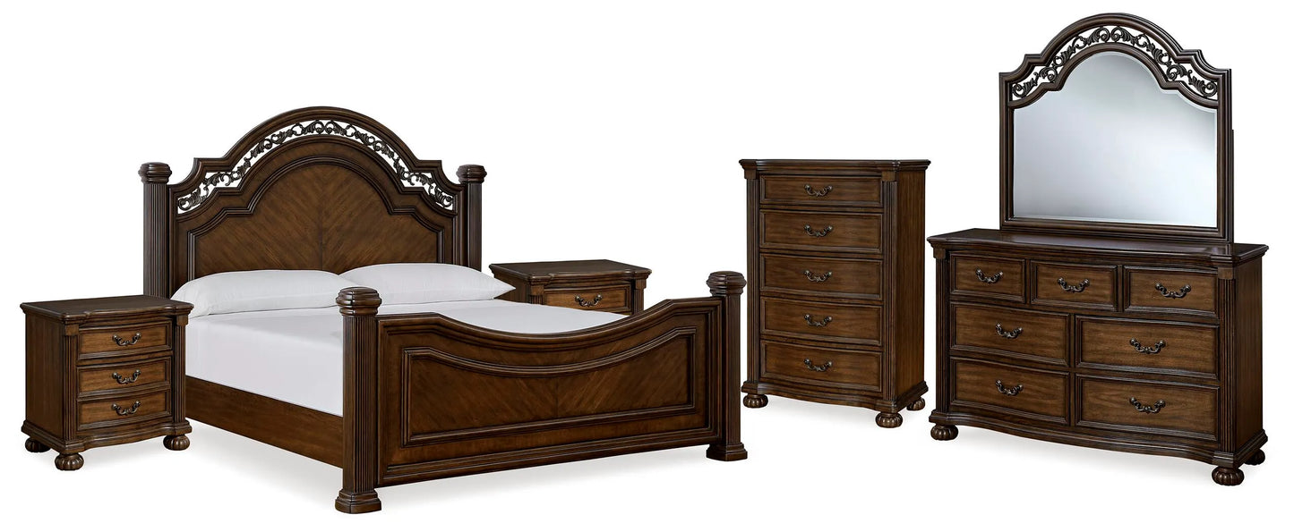 Cama King Lavinton con dosel, cómoda, espejo, arcón y 2 mesitas de noche