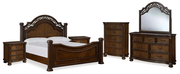 Cama King Lavinton con dosel, cómoda, espejo, arcón y 2 mesitas de noche