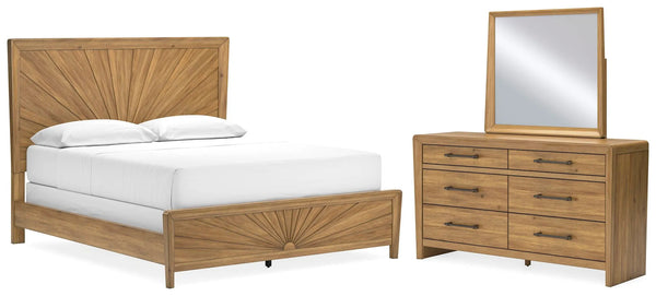 Cama con paneles, cómoda y espejo Takston California King