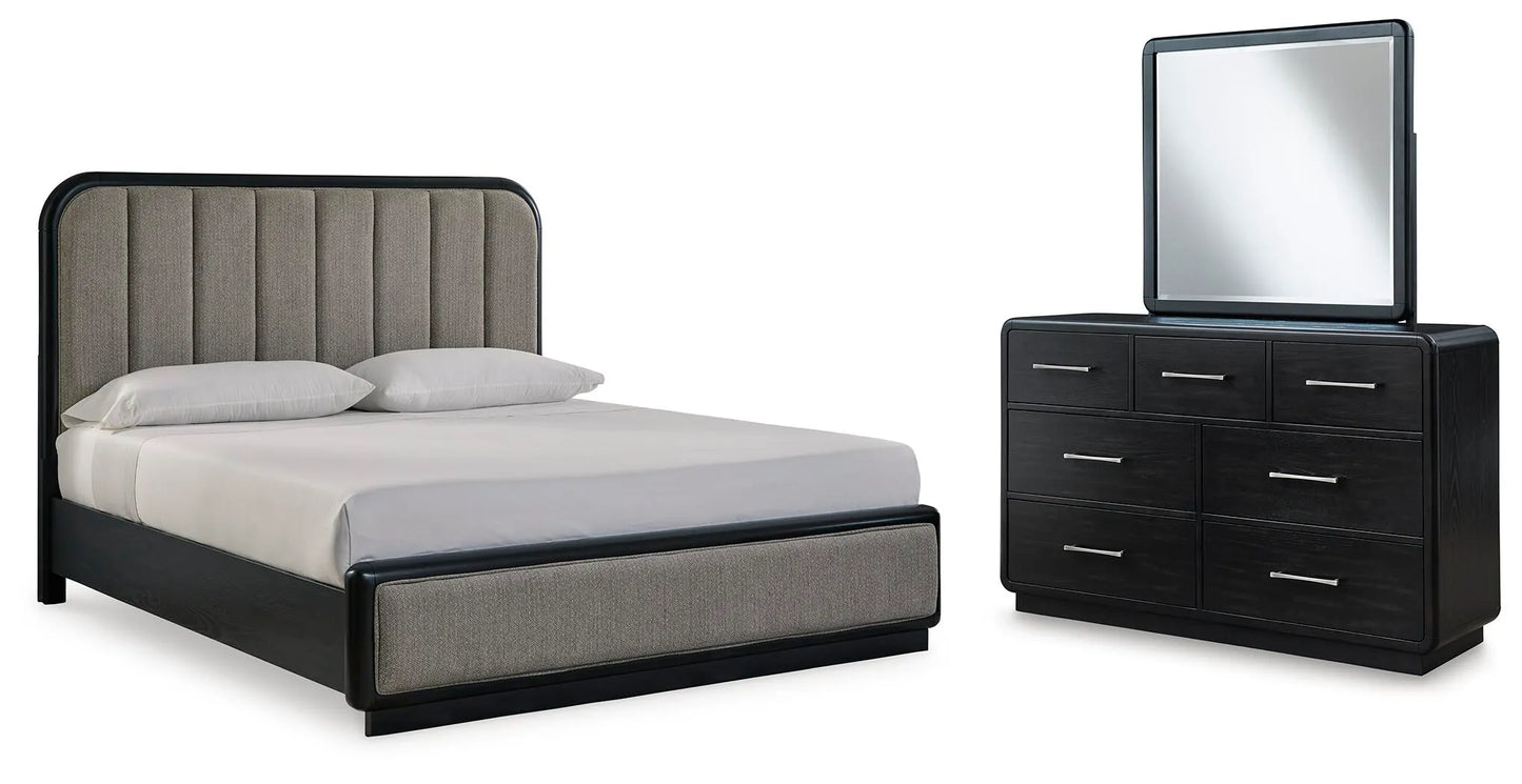 Cama tapizada con paneles, tocador y espejo Rowanbeck California King