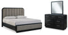 Rowanbeck California King Upholstered Panel Bed, Dresser and Mirror