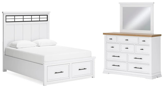 Cama Ashbryn Queen con panel de almacenaje, cómoda y espejo