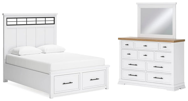 Cama Ashbryn Queen con panel de almacenaje, cómoda y espejo
