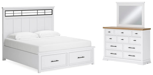 Cama Ashbryn King con almacenamiento, cómoda y espejo