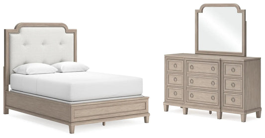 Jorlaina Queen Upholstered Panel Bed, Dresser and Mirror