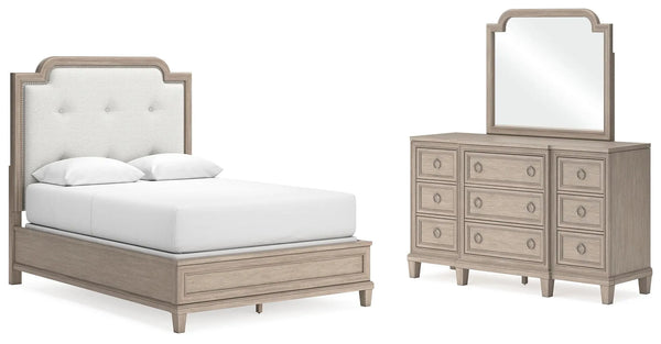 Jorlaina Queen Upholstered Panel Bed, Dresser and Mirror