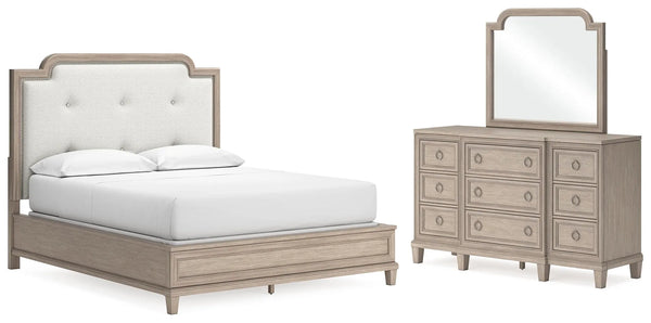 Jorlaina California King Upholstered Panel Bed, Dresser and Mirror