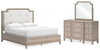 Jorlaina California King Upholstered Panel Bed, Dresser and Mirror