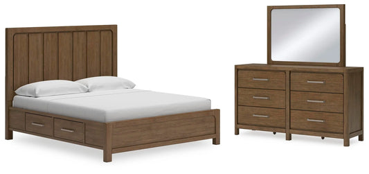 Cama panel Cabalynn California King con almacenaje, cómoda y espejo