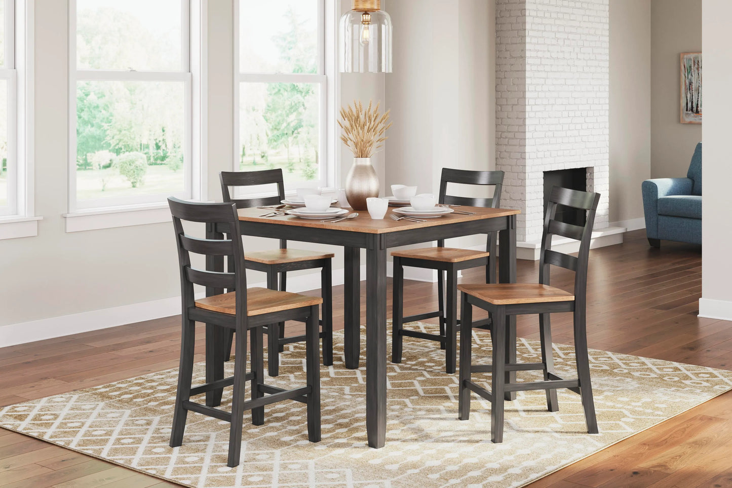 Mesa de comedor a la altura de la encimera Gesthaven y 4 taburetes de bar (Set de 5)