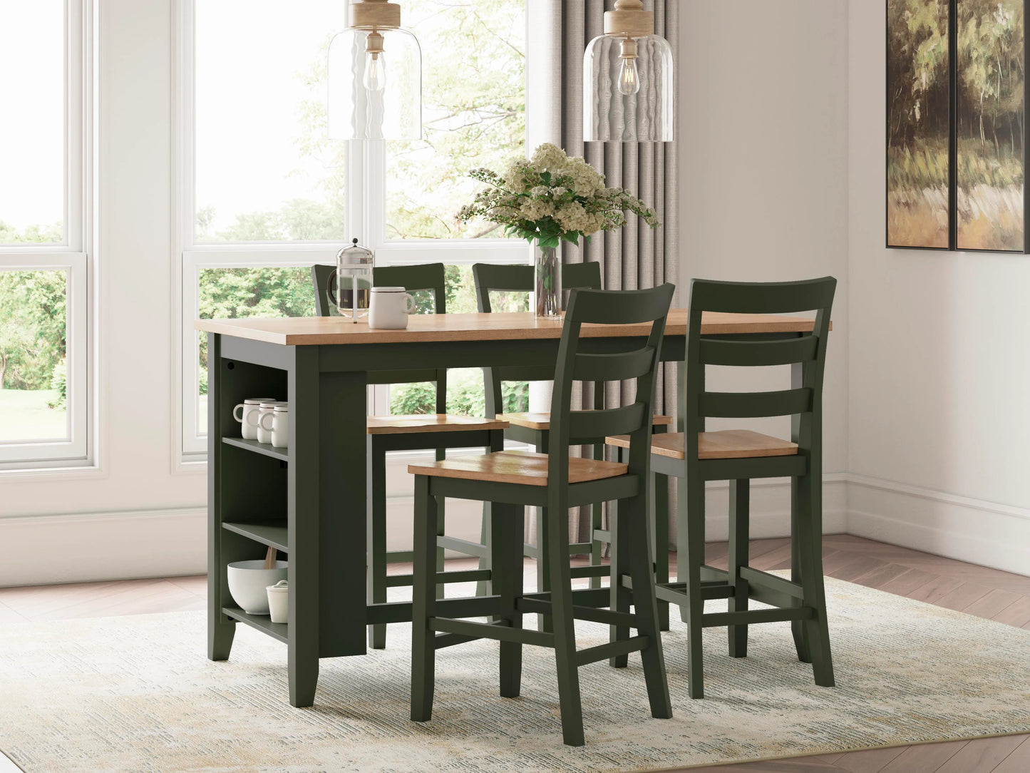 Mesa de comedor a la altura de la encimera y 4 taburetes de bar Gesthaven
