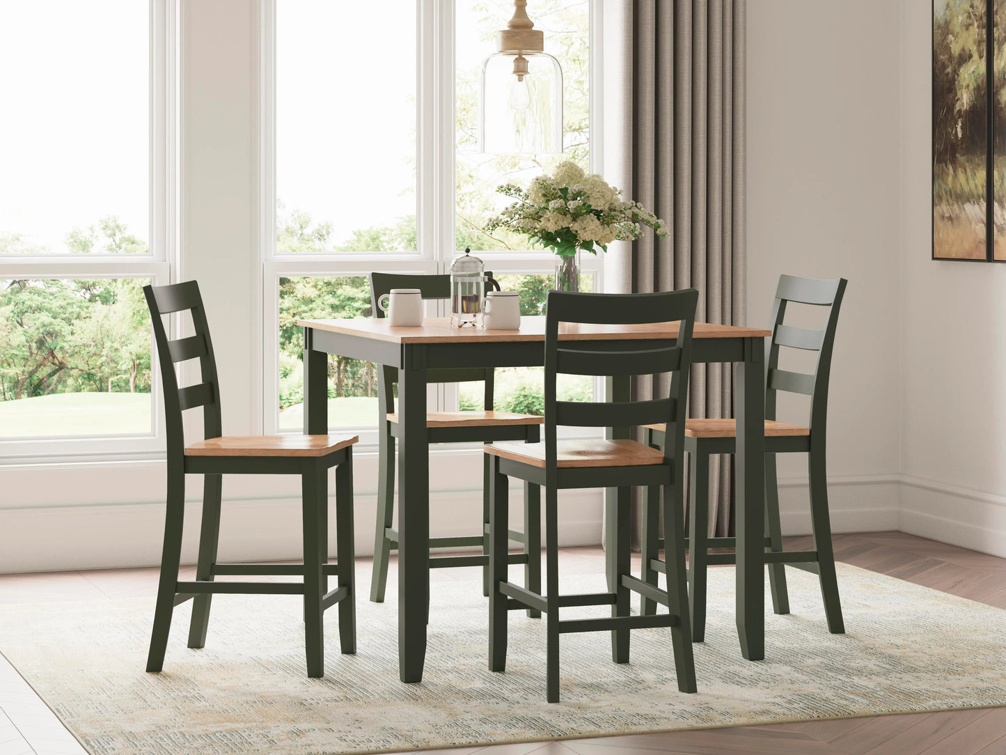 Mesa de comedor a la altura de la encimera Gesthaven y 4 taburetes de bar (Set de 5)