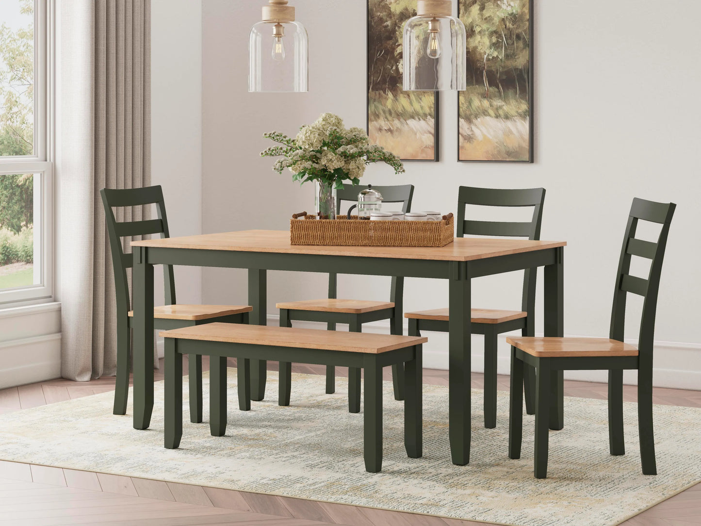 Mesa de comedor Gesthaven con 4 sillas y banco (juego de 6)