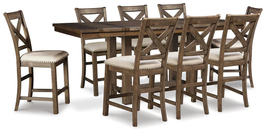 Mesa extensible a la altura de la encimera Moriville y 8 taburetes de bar