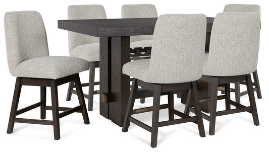 Mesa de comedor a la altura de la encimera Burkhaus y 6 taburetes de bar