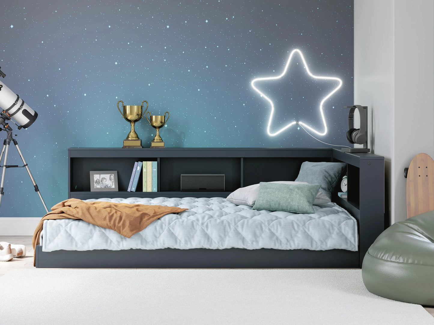 Cama con almacenaje para librería Simmenfort