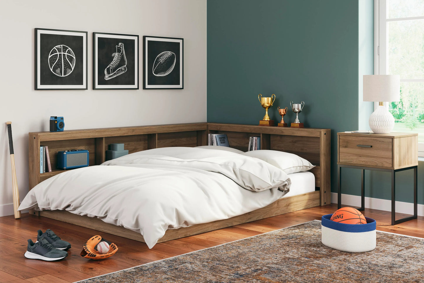 Cama Deanlow Full con Estantería de Almacenamiento