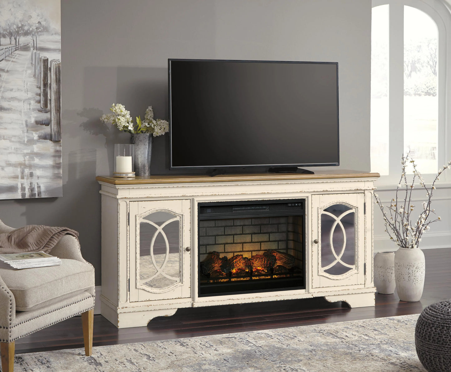 Mueble de TV Realyn de 74 pulgadas con chimenea eléctrica